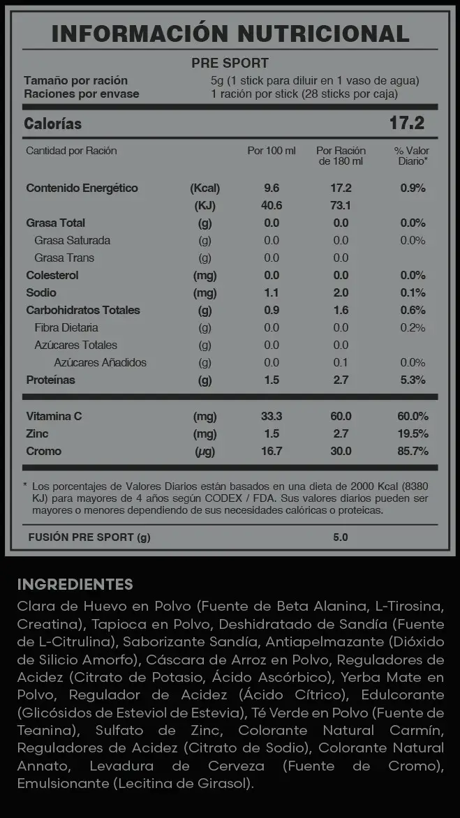 Fuxion ON | Información Nutricional Fuxion PRE SPORT
