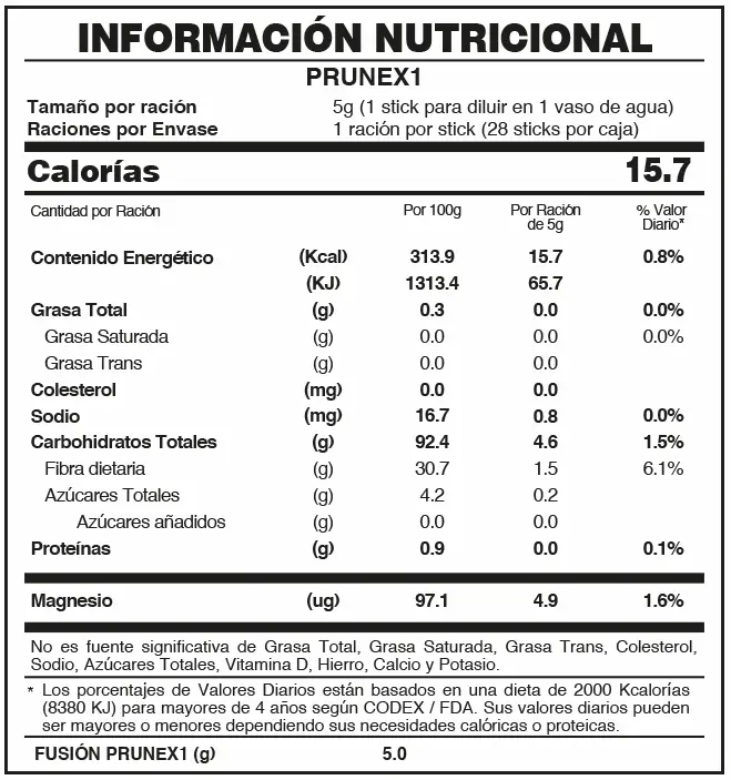 Fuxion Prunex1 | Información Nutricional