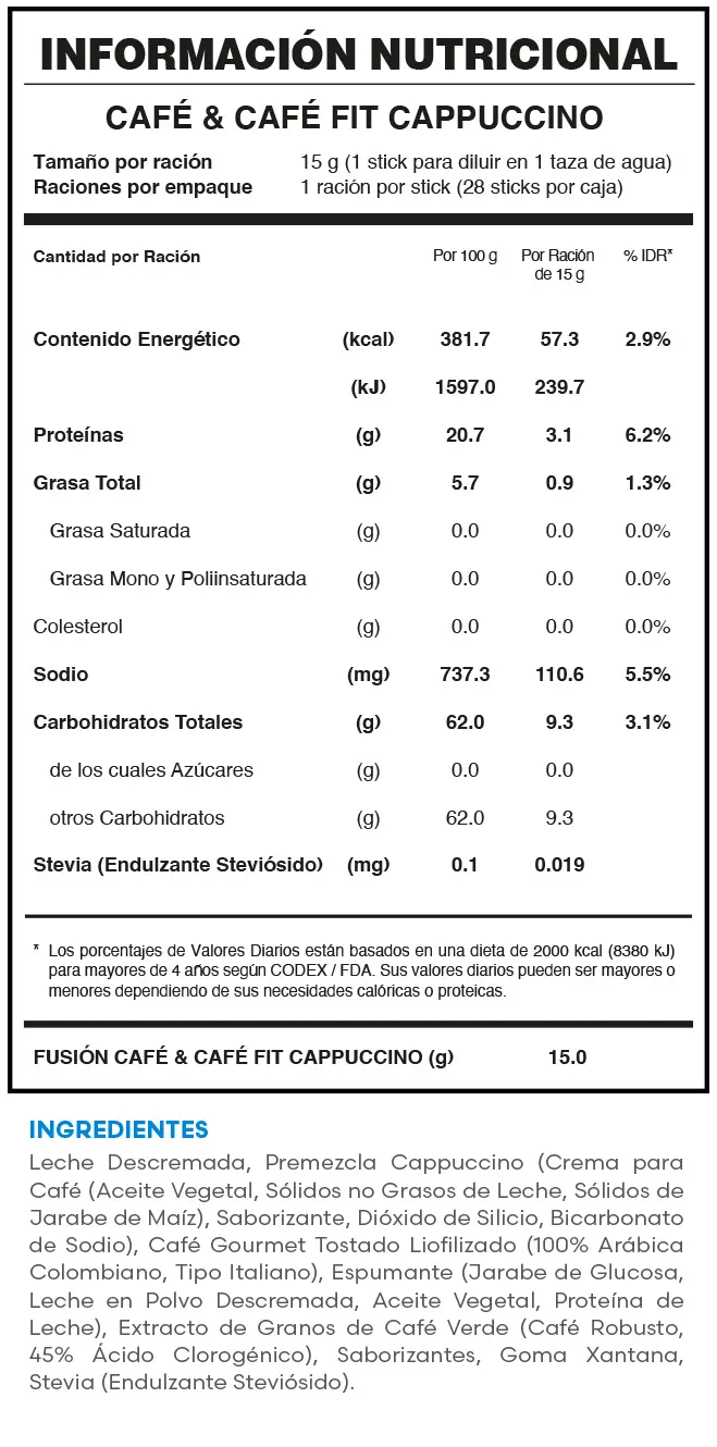 CAFÉ & CAFÉ FIT CAPPUCCINO Información nutricional CAFÉ & CAFÉ FIT CAPPUCCINO Información nutricional