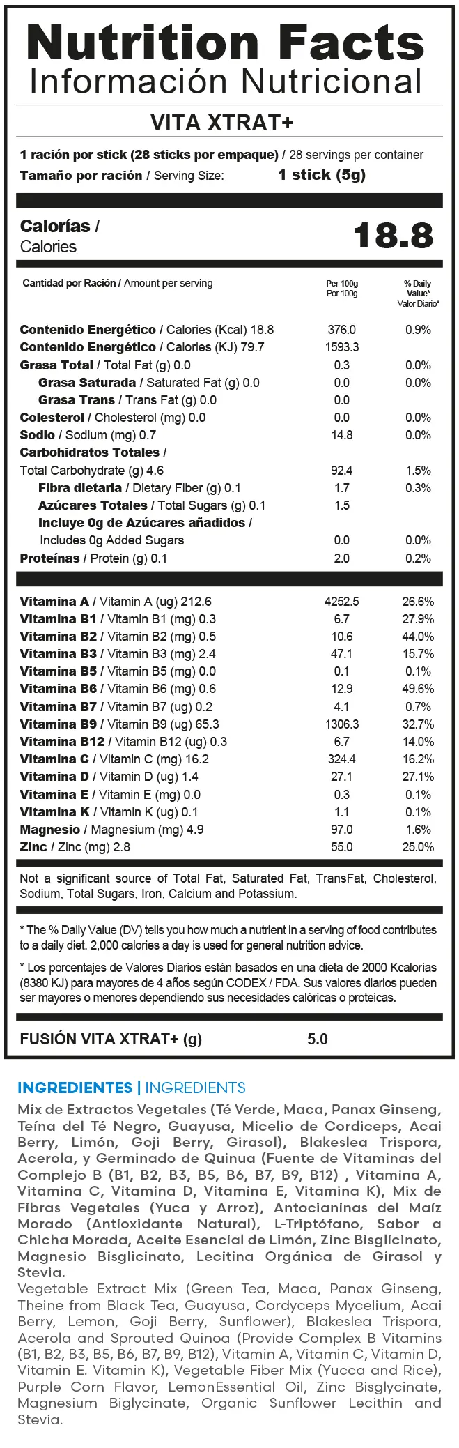 Fuxion VITA XTRA T+ | Información Nutricional