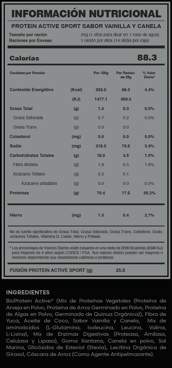 Fuxion PROTEIN ACTIVE SPORT VAINILLA Y CANELA | Información nutricional Fuxion PROTEIN ACTIVE SPORT VAINILLA Y CANELA | Información nutricional